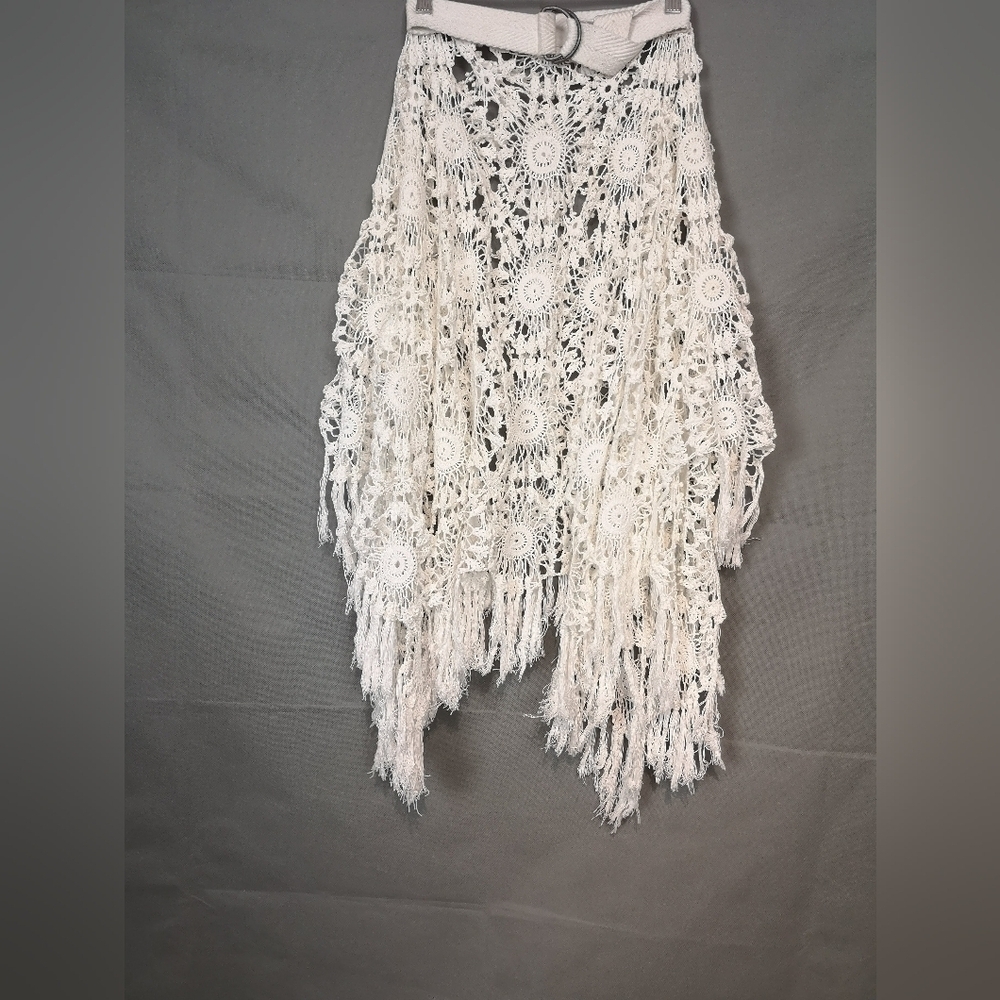 Upcycled White Crochet Lace Boho Handkerchief Hem Skirt - Picture 6 of 7